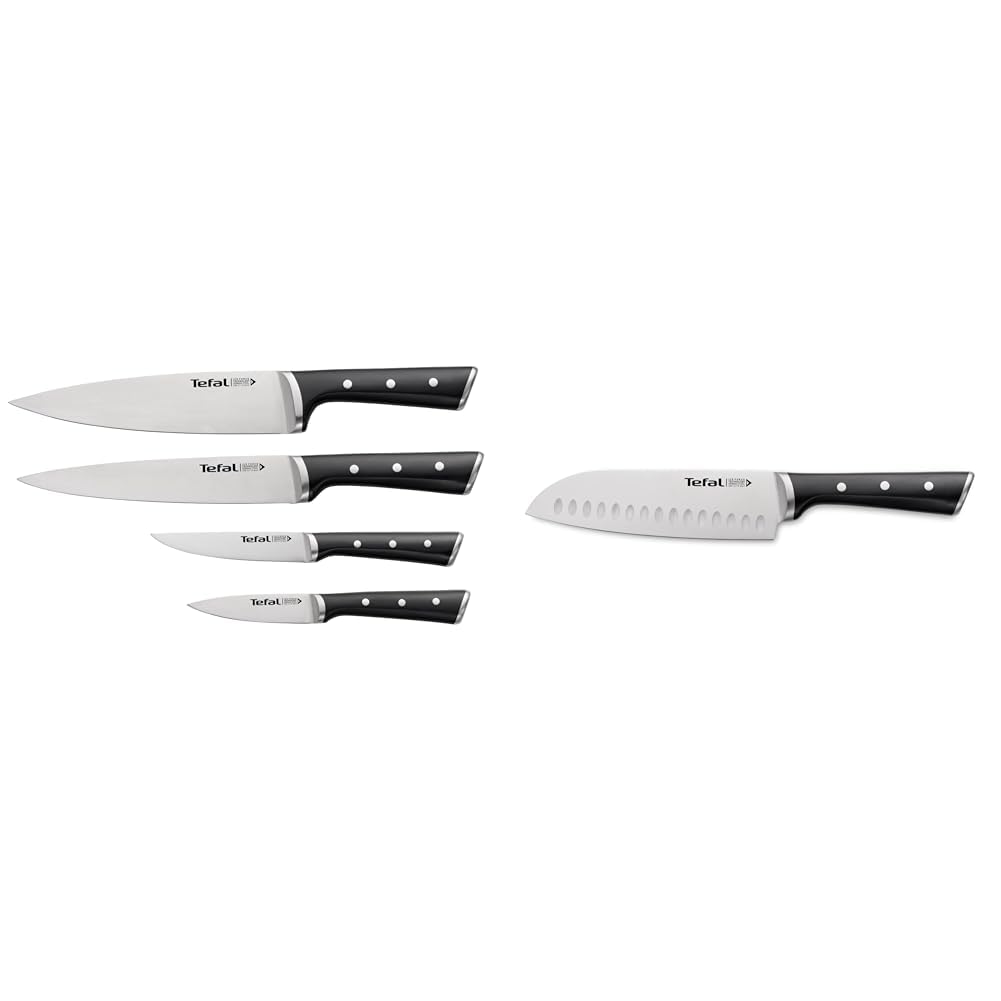 Tefal Ice Force Set de 4 Couteaux avec Santoku 18,5 cm - à Découper, Chef, d'Office, à Émincer - Lame en Acier Inoxydable Allemand