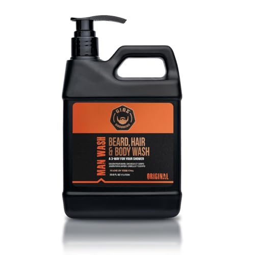 GIBS Grooming - Original Man Wash (33.8 fl oz) 3-in-1 Beard Hair Body Soap - Citrus Oak Basil Scent - Sulfate Free - Tea Tree Oil Hemp Oil Protein - Mens Body Wash & Mens Shampoo - Made in USA