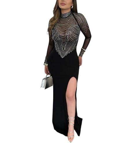 Image of PORRCEY Women's Sexy Rhinestone Lace Sheer Mesh Formal Evening Dress
