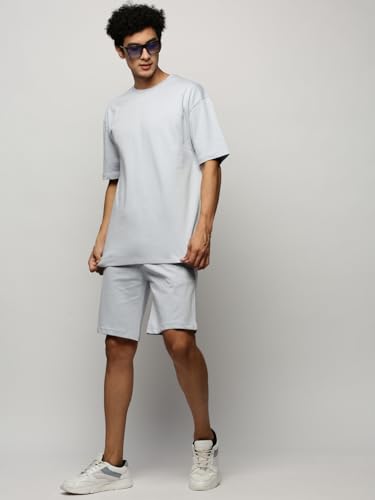 Image of SHOWOFFFF Men Solid Two-Piece Co Ords | Round Neck Half Sleeves Cotton Co Ords for Mens | Mid-Rise Regular Fit Above Knee Co Ords for Men's