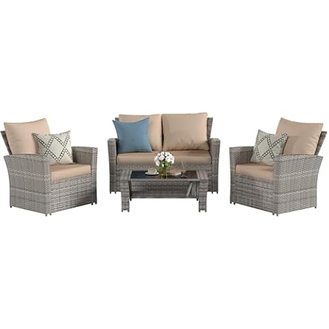 VONZOY 4 Pieces Patio Furniture Set, Wicker Outdoor Sectional Sofa Couch Set, Grey PE Rattan Patio Conversation Sets for Balcony, Porch, Beige Cover