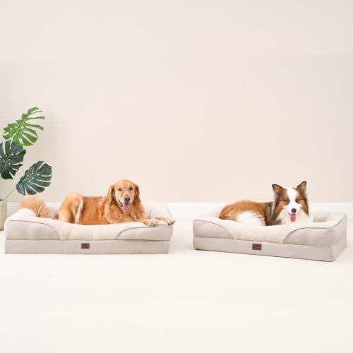 EHEYCIGA Orthopädisches Hundebett Grosse Hunde, 106.5x76x18.5cm, Memory Foam Waschbar und Wasserdicht Hundekorb mit 4 Rändern, Hundesofa Hundecouch rutschfest, Beige