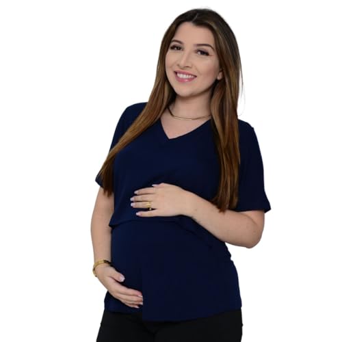 Blusa amamentação camiseta gola em V gestante roupa maternidade blusinha grávida decote em V t-shirt mãe abertura amamen (BR, Alfa, P, Regular, Padrão, Azul marinho)