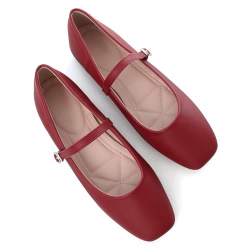 Stunner Ballet Flats for Women Women's Mary Jane Shoes Square Toe Casual Flats Comfortable Ankle Strap Flat Shoes Red 42(9) 2