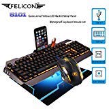 FELICON Gaming Keyboard Mouse Combo Sets S101 104 Keys Wired Orange LED Backlit Metal Panel Waterproof Multimedia Ergonomic USB Keyboard 2400DPI Gamer Mouse Sets + Mouse Pad for PC Laptop Computer …