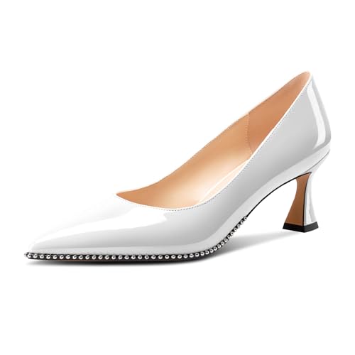 Image of TNYNFBEB Womens Mid Kitten Heel Pointed Toe Pumps Slip-on Silver Beaded Prom Party Dress Patent Leather 2.6 Inches Heels