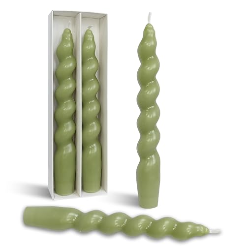 Image of DRIPLESS Unscented Twisted Taper Candles Handmade Candlestick Grass Green Spiral Taper Candles 7.5 Inch Decorative Candle Smokeless for Party Gifts 2 PCS