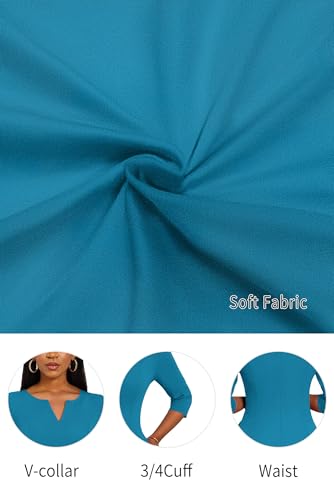 Image of Nmoder Midi Dresses for Women A-Line Fit and Flare Dress 3 /4 Sleeve V Neck Cocktail Wedding Guest Work Dress with Pockets