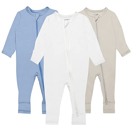 Image of GUISBY Baby Pajamas with Mitten Cuffs - 3Pcs Girls Boys 2 Way Zipper Long Sleeve Rayon Sleepers