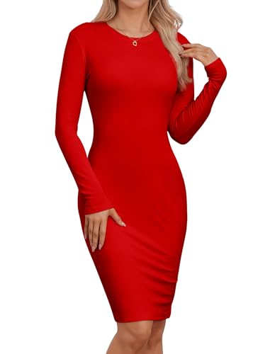 Women Round Neck Slim Fit Bodycon Dress Long Sleeve Midi Thigh Pencil Knee Length Dresses Red...