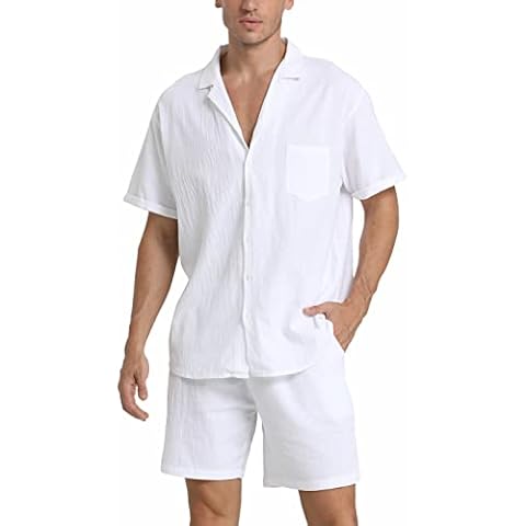 RPOVIG Linen Shirt Short Outfits:Men's Beach 2 Pieces Casual Button-Down Sets Cover