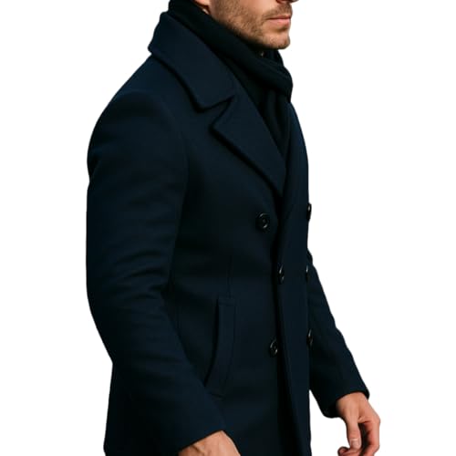 Men's Dark Navy Blue Pea Wool Coat - Quarter Length Casual Wool Pea Coat4