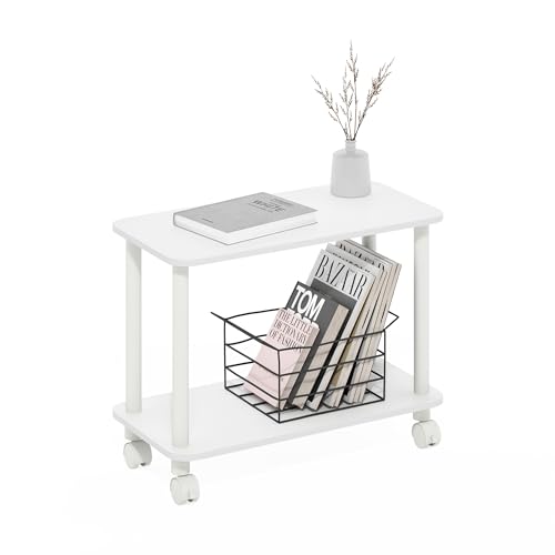 Furinno Turn-N-Tube Mesa Rectangular de 2 Niveles con Ruedas y Estante Abierto, mesita de Noche de Esquina Redonda sin Herramientas, para Sala de Estar o Dormitorio, Color Blanco