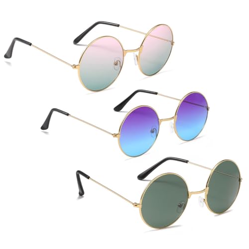 FDCGAS Óculos de sol hippie de cores retro - 3 pares óculos de sol hippies redondos, óculos de festa hippie vintage para disfarces, festa, cosplay mulheres e homens