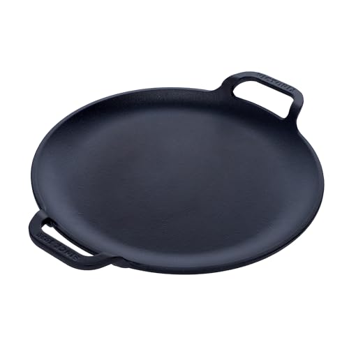 Victoria Plancha Cocina Inducción para Pizza Hierro Fundido Curado, Sartén 25cm con Asas, Fuego, Barbacoa, Horno, Vitrocerámica, Gas, Comal Curada para Antiadherente Libre de Tóxicos sin PTFE