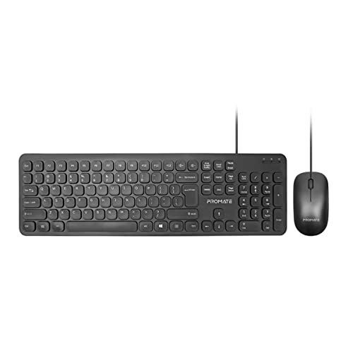 Image of Promate Wired USB Keyboard with Mouse, Super-Slim Comfortable Full-Sized Quiet Keyboard with 1200 DPI Ambidextrous Mouse, in-Built Volume Controls and Fold-Up,Combo-KM2