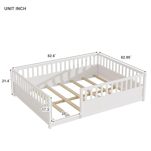 Image of Bellemave Queen Size Kids Montessori Floor Bed,Solid Wood Floor Bed Frame with High Fence and Door for Kids,Girls,Boys,White