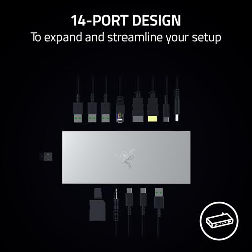 Image of Razer USB 4 Dock: 14 Ports (Type C, Type A, HDMI, DP, Ethernet, SD, 3.5mm) - Dual Monitor Up to 4K 120 Hz - Laptop & Phone Fast Charge - Durable Lightweight Casing - Windows & Mac Compatible - Mercury