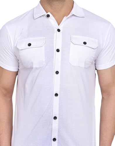 Image of Men's Half Sleeve Shirt - Spread Collar Casual Shirt with Double Flap Pockets - Slim Fit Cotton Blend Button-Down