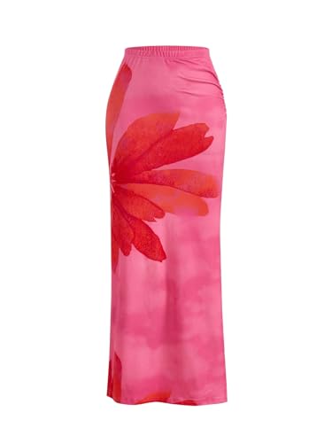 OYOANGLE Women's Floral Bodycon Maxi Skirt Elastic High Waisted Side Slit Beach Vacation Skirts