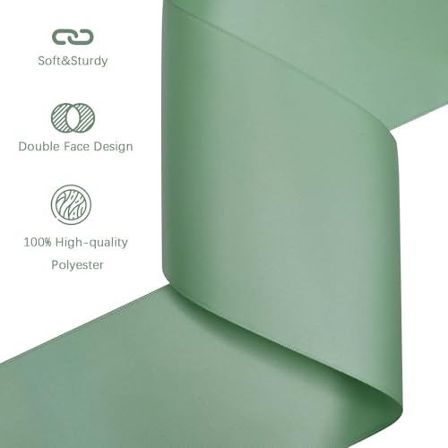 Image of Sage Green Satin Ribbon 4 inch X 15 Yards Polyester Ribbon for Gift Wrapping Very Suitable for Weddings Party Hair Bow Invitation Decorations and More