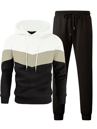 JMIERR Trainingsanzug Herren 2 Teiliges Jogging Anzug Set mit Taschen Farbblock Hoodies mit Hose Männer Baggy Sportanzug Basic Freizeitanzug Schwarz L