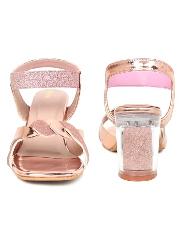 Image of Action Women's Rose Gold Glitter Sandals| Clear Block Heel| Cross-Strap Design with Ankle Strap Bronze