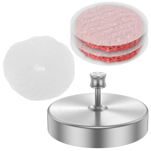 Burger Press with Adjustable Thickness, Stainless Steel Hamburger Patty Maker with 100 Patty Papers Adjustable Thickness Burger Press Patty Maker Non Stick Hamburger Patty Press Mold for BBQ Barbecue