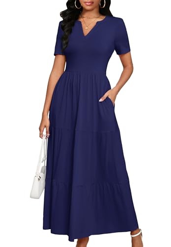 Image of MarryUP Women 2025 Casual Loose Maxi Dress with Pockets V Neck Short Sleeve Tiered Long Summer Beach Swing Dresses