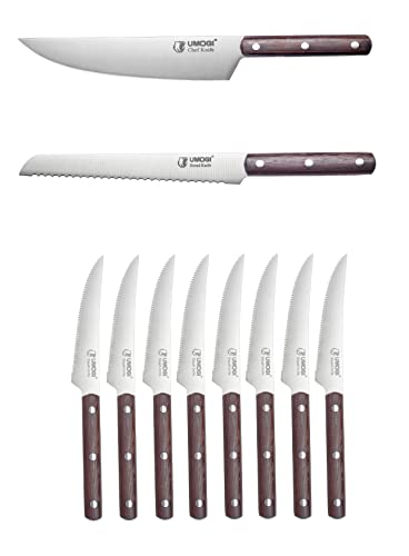 Umogi 8 Inch Chef & Bread Knife With Sheath & Steak Knives Set Of 8, Serrated Edge - Full Tang Natrual Wood Handle High Carbon German Stainless Steel - Fashion Style Gift Box #TOP9