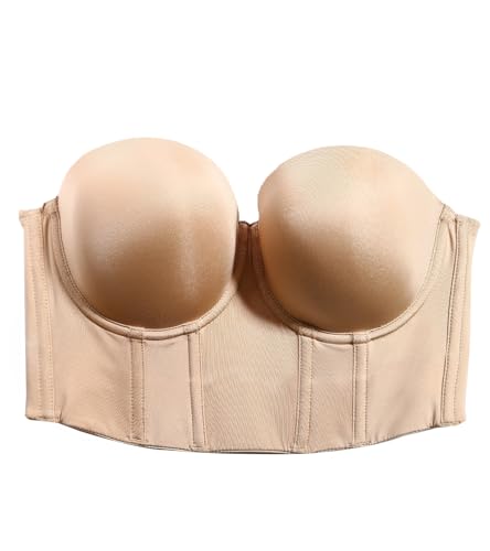 DotVol Strapless Longline Underwire Bustier Bra(Beige,42DDD)