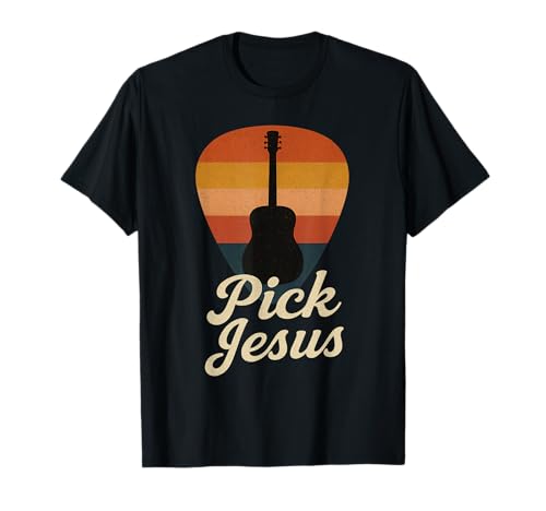 Pick Jesus Christian Guitar Player Retro Worship Tee T-Shirt