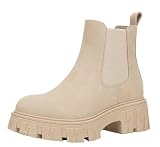 Jeossy Women's Beige Chelsea Combat Boots, Platform Ankle Boots Chunky Heel, Fashion Lug Sole Slip on Booties with Elastic Band, 9620 Size 8 (DJY9620 Beige 08)