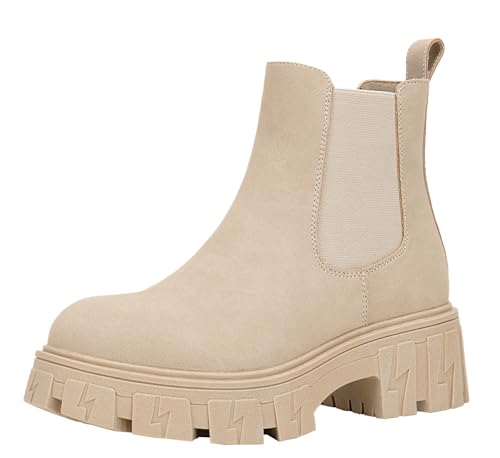 Jeossy Women's Beige Chelsea Combat Boots, Platform Ankle Boots Chunky Heel, Fashion Lug Sole Slip on Booties with Elastic Band, 9620 Size 9 (DJY9620 Beige 09)
