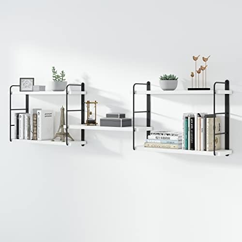 MXCSE Wall Mounted Floating Shelves - Adjustable Rustic Wall Decor Wood Shelves for Bedroom, Living Room, Bathroom and Kitchen Storage, Durable Metal Frame, Easy Installation (White)