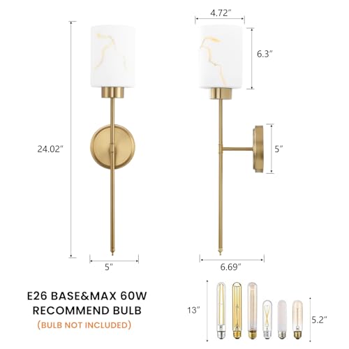 Image of Gold Wall Sconces Set of 2 with Marble Glass Shade, Modern Bathroom Vanity Light Fixtures for Bedroom, Hallway, Entryway, Living Room