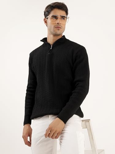 Image of Kvetoo Men's Full Sleeve High Neck Zipper Sweater| Warm Cable Knit Quarter Zip Pullover | Wool Winter Sweater for Casual & Office Wear
