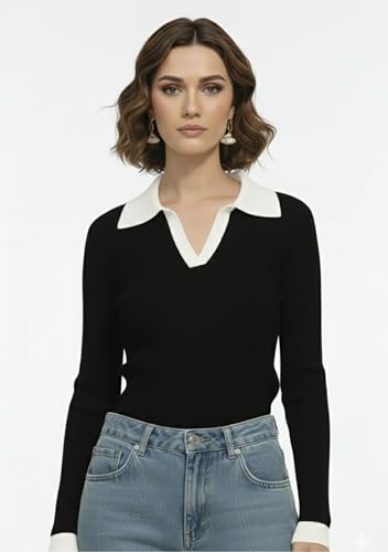 Image of Women's Slim-Fit V-Neck Top with Contrast Collar - High Elasticity Versatile Outfits, Everyday Fashion