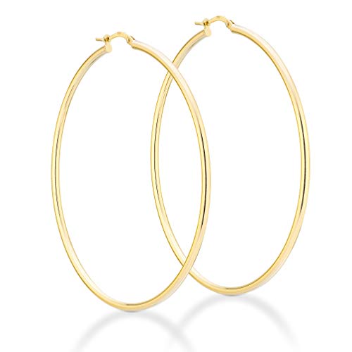 Miabella 18K Gold Over Sterling Silver 2mm High Polished Round Tube Hoop Earrings for Women Men Girls 15mm, 20mm, 30mm, 40mm, 50mm, 60mm Lightweight Earrings Made in Italy (60mm (2 3/8 Inch) wide)