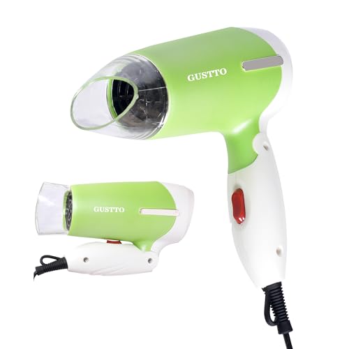 Image of GUSTTO Foldable Hair Dryer 1100W | Compact Travel-Friendly Hair Dryer with Foldable Handle, Hanging Ring, 2 Heat & Speed Settings, Narrow Concentrator, Lightweight & Portable (Lush Green), BIS Certified
