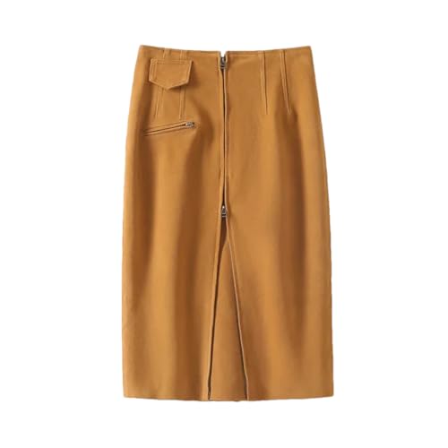 Women Suede Leather Skirt Motorcycle Zipper Mid-Length Pencil Skirts Back Split Wrap Skirt