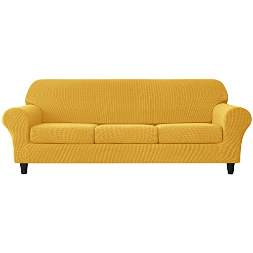 CONRUSER Stretch Sofa Slipcover Soft Jacquard Sofa Covers for 3 Cushion Couch Washable Furniture Protector for Pets & Kids (Yellow L)
