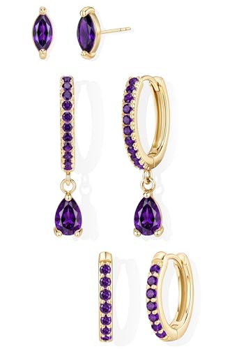GoldGifts February Birthstone Amethyst Earrings - Purple Jewelry Gift, Hypoallergenic 14K Gold Plated Small Huggie Hoop Set for Women, Dainty Lightweight Trendy Stack Dangle Studs for Cartilage Helix