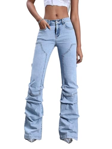 Women's Mid-Rise Jean Casual Pleated Denim Long Pants With Pockets