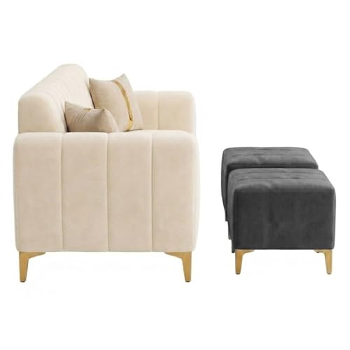 Image of FURNY Harmony 5 Seater L Shape Sofa Set with 2 Movable Ottoman & Golden Legs | Flexible Left or Right Layout | Plush Velvet Fabric (Dark Grey-Cream) | Perfect for Living Room, Guest Room & Office