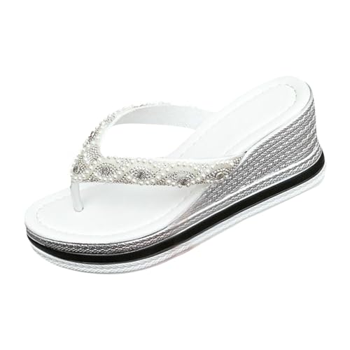 Tongs compensées pour femme confortables avec perles élégantes pour l'été blanc 40