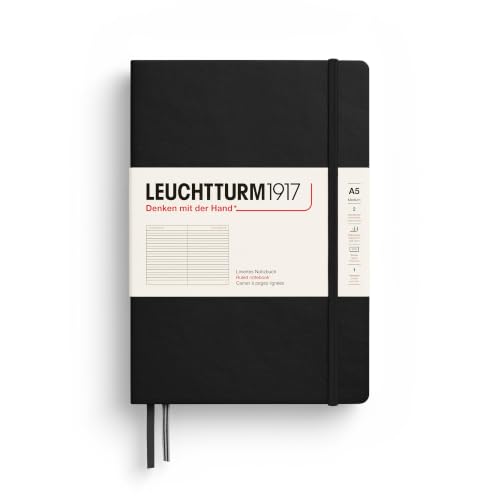 LEUCHTTURM1917 Cuaderno Medium (A5) Tapa dura, Negro, Rayado | 251 páginas numeradas, cosido a hilo, índice, 2 marcapáginas