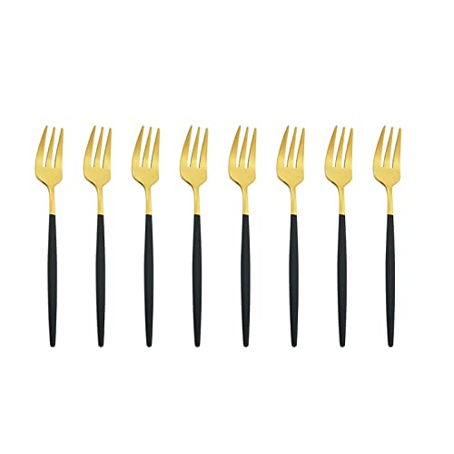Snplowum 8-Piece Matte Black & Gold Cake Fork, 5.31 Inch Stainless Steel Small Fork Dessert Fruit Fork For Daily Use