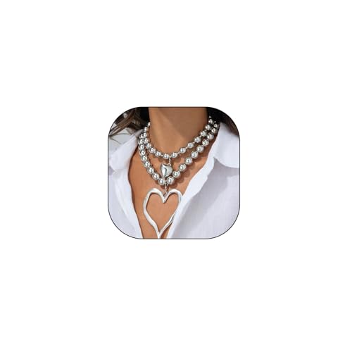 Y2k Large Hollow Heart Necklaces for Women Big Chunky Heart Pendant Necklace Exaggerated Layered Double Hearts Gold/Silver Beaded Choker Necklace Dainty Statement Jewelry Gift