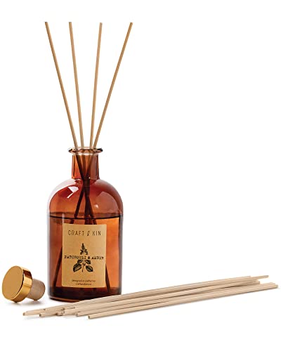 Reed Diffuser Set Patchouli & Amber Includes All Natural Essential Oil, 8 Rattan Diffuser Sticks & Elegant Amber Glass Vase (5.75 Oz), Natural Fragrance Diffuser Set #TOP4